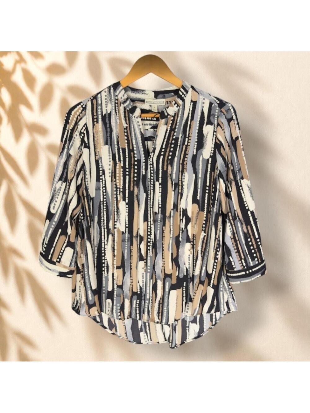 Dana Buchman Blouse Women S Small Gray Geometric V-Neck 3/4 Sleeve Casual
